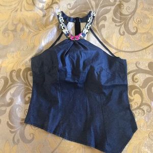 Stretch denim asymmetrical sleeveless top